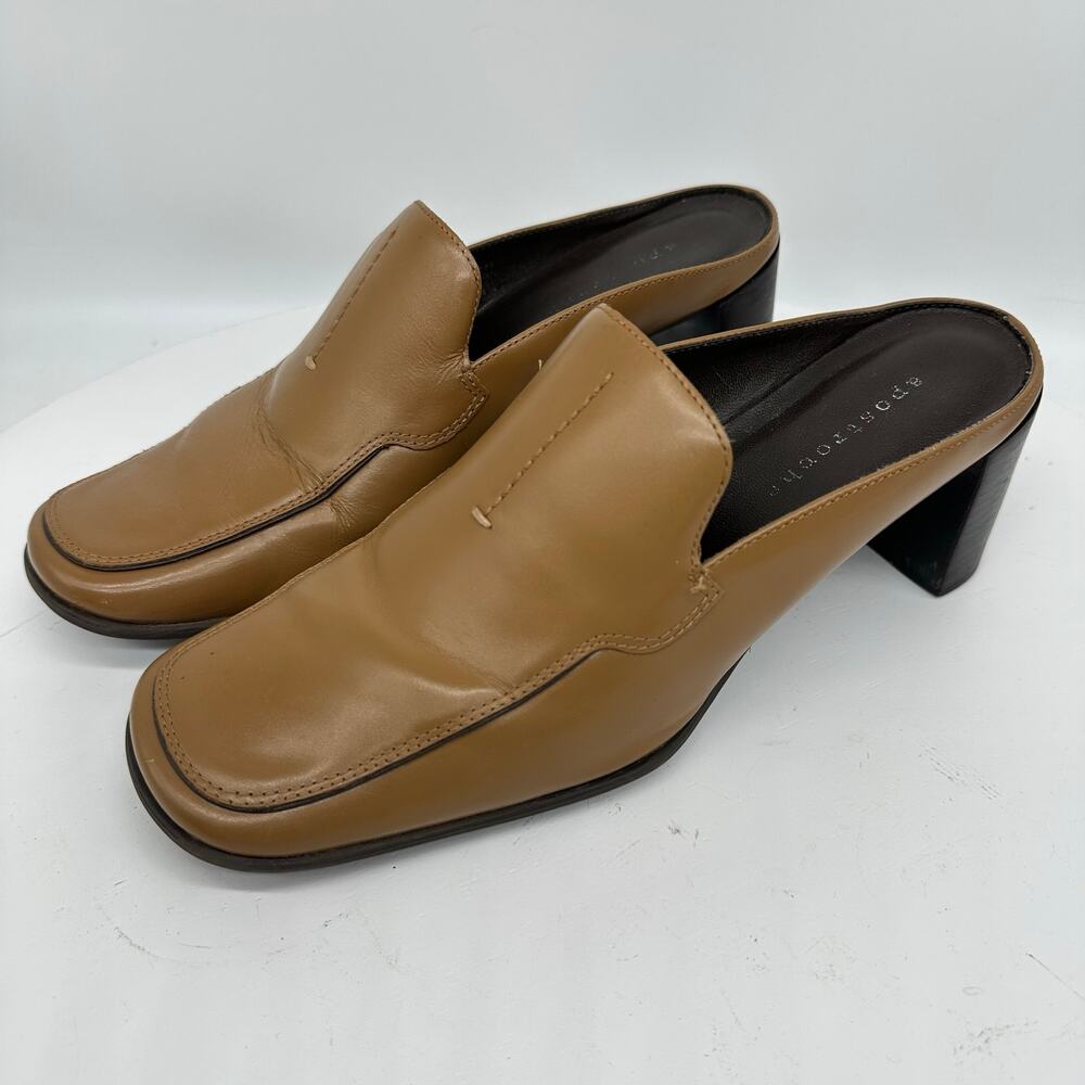 Apostrophe Cognac Block Heel Leather Square Toe Mule Womens Size 7 Y2K Vintage